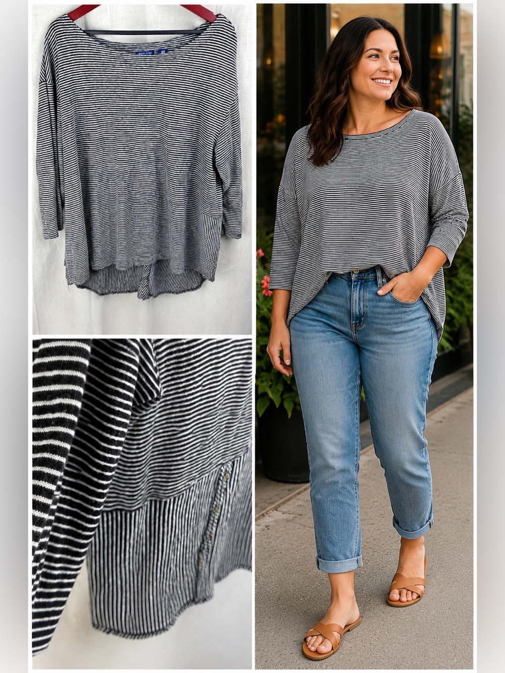 Adrienne Vittadini Linen Jersey Shirt 2X Black Stripe Boat Neck 3/4 Sleeve Tunic